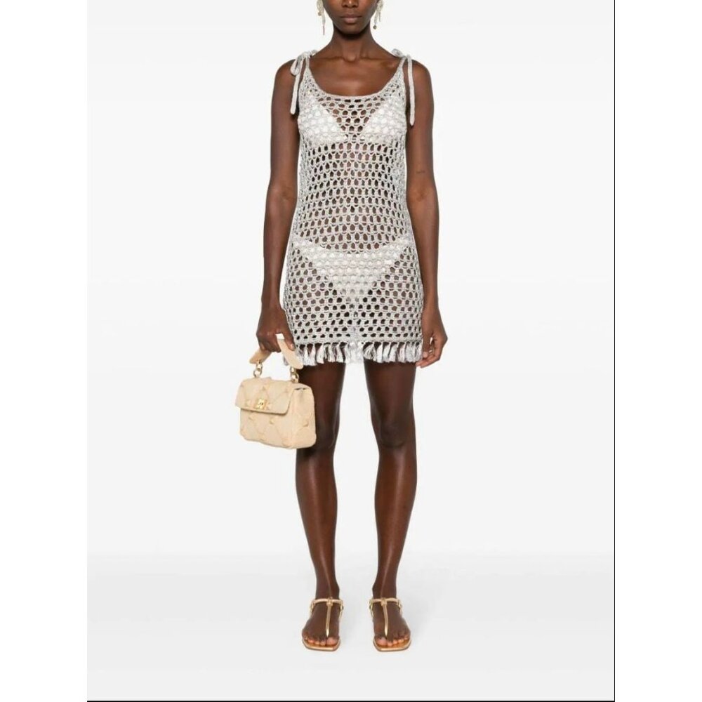 Marysia NWT lurex open-knit minidress Fringe Hem Adjustable Tie Straps silver